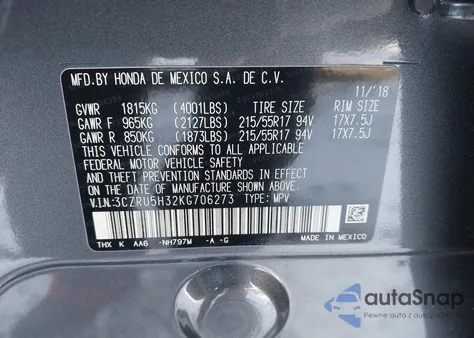 2019 Honda Hr-V Lx из США, поврежденный, VIN 3CZRU5H32KG706273